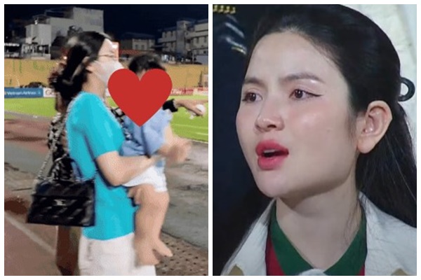 Chu Thanh Huyền đưa con trai đến SVĐ cổ vũ Quang Hải, vóc dáng và thái độ khác hẳn lúc “sống ảo” trên mạng: Teo tóp, nhợt nhạt lắm