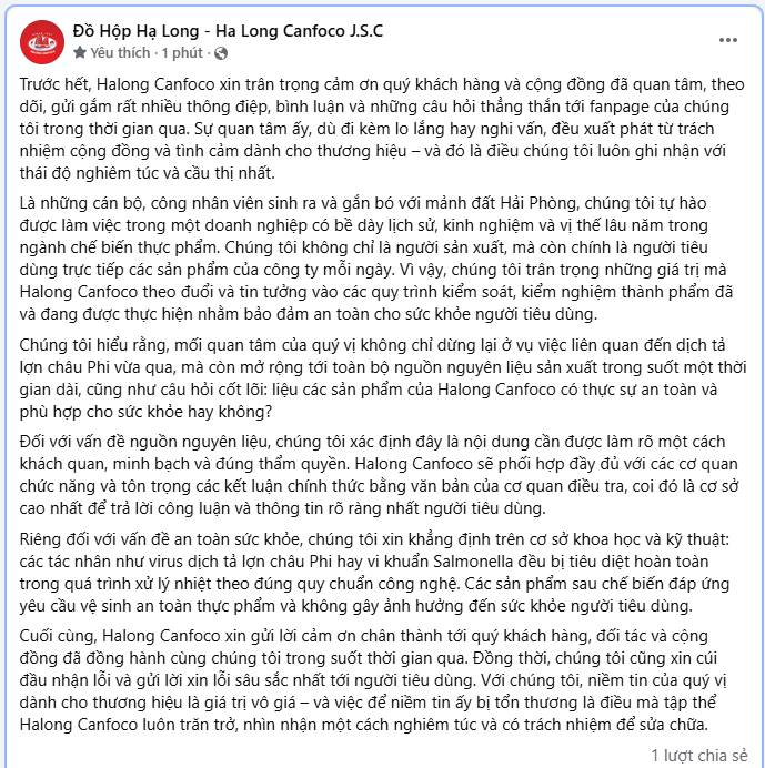 Fanpage Đồ hộp Hạ Long gây tranh cãi: Đăng thông báo “tiêu diệt được virus tả lợn châu Phi”, 15 phút sau lặng lẽ xoá